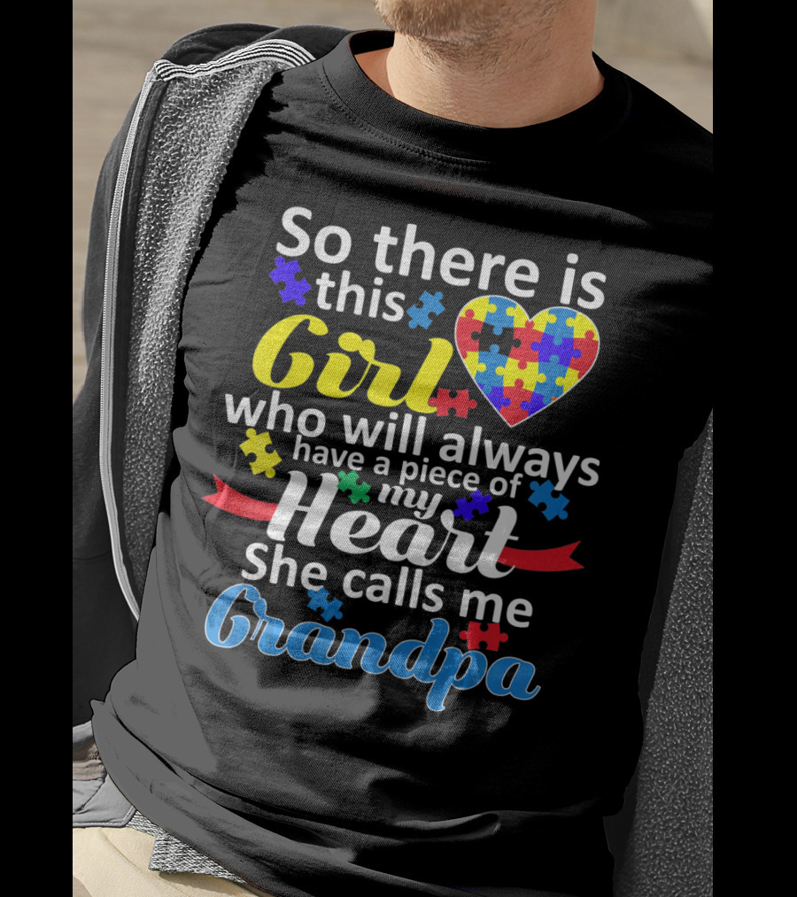 Autism Awareness Puzzle Heart Girl Grandpa T-Shirt