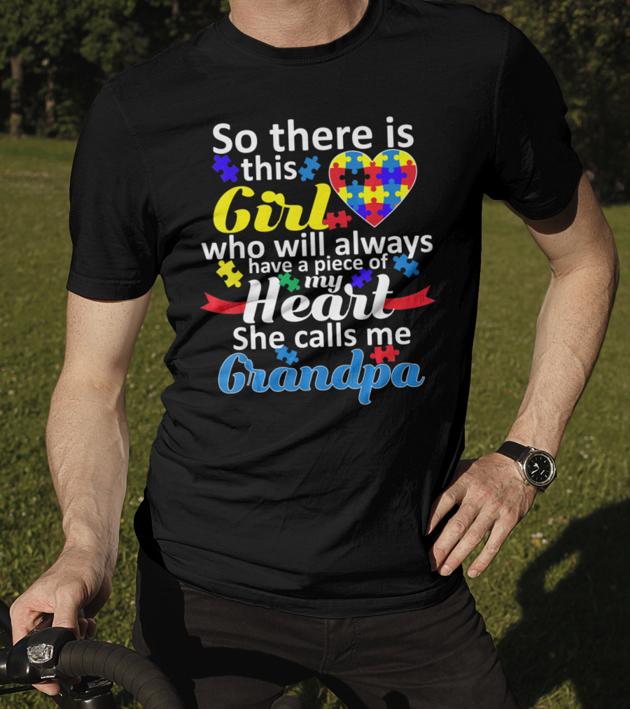 Autism Awareness Puzzle Heart Girl Grandpa T-Shirt