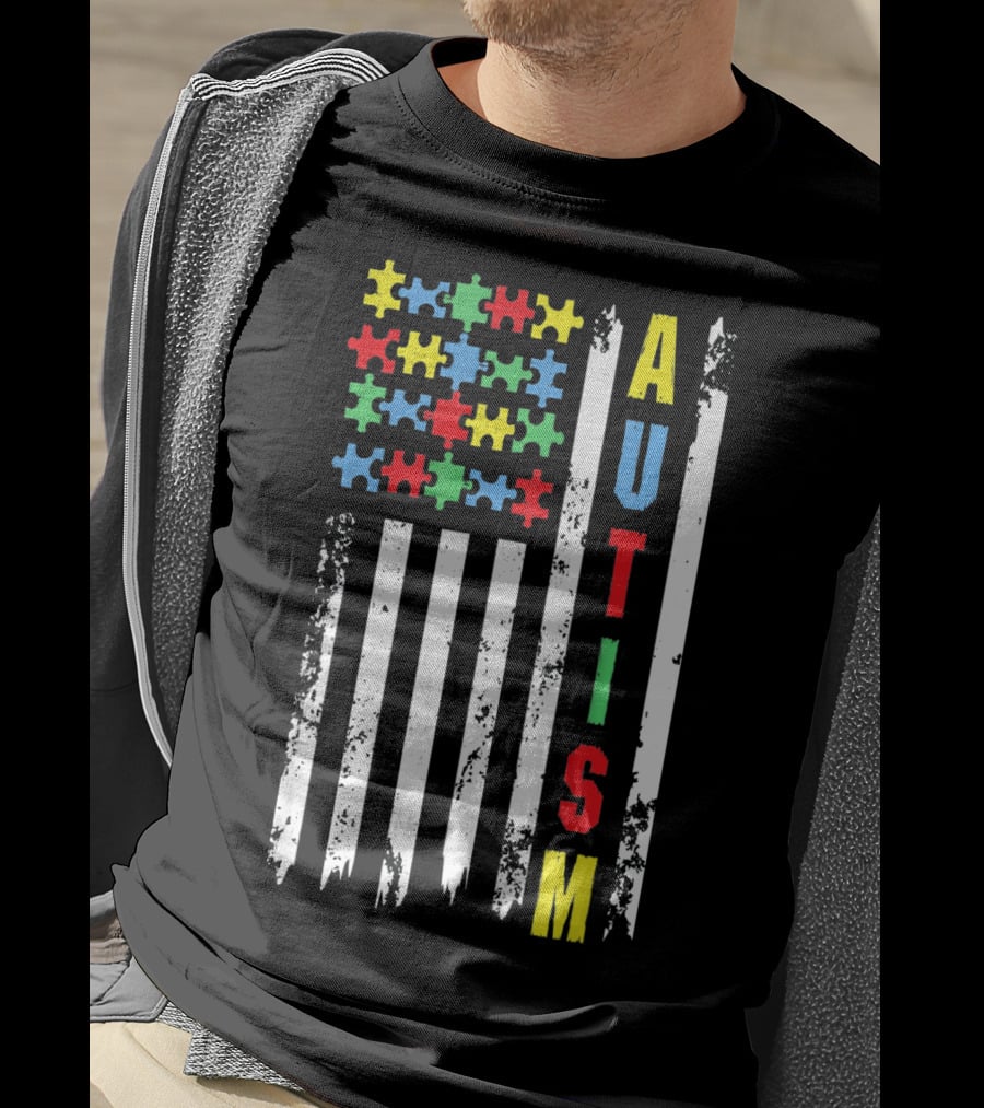 Autism Puzzle Piece Flag Fourth Of July Awareness T-Shirt