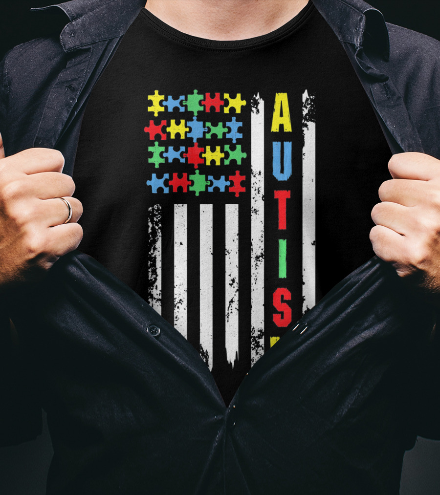 Autism Puzzle Piece Flag Fourth Of July Awareness T-Shirt