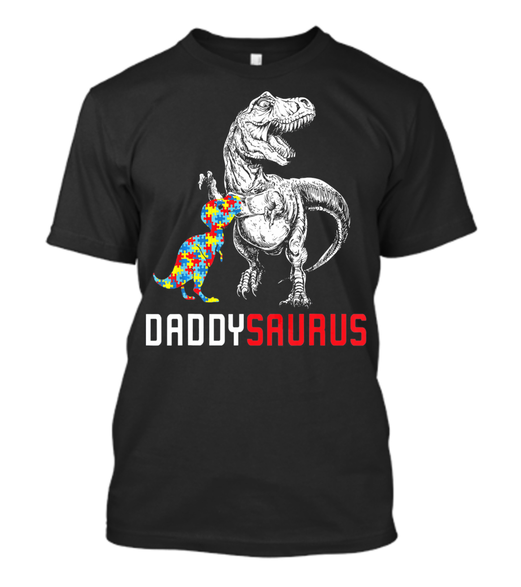Daddysaurus Dinosaur With Colorful Puzzle Autism Awareness Dad T-Shirt