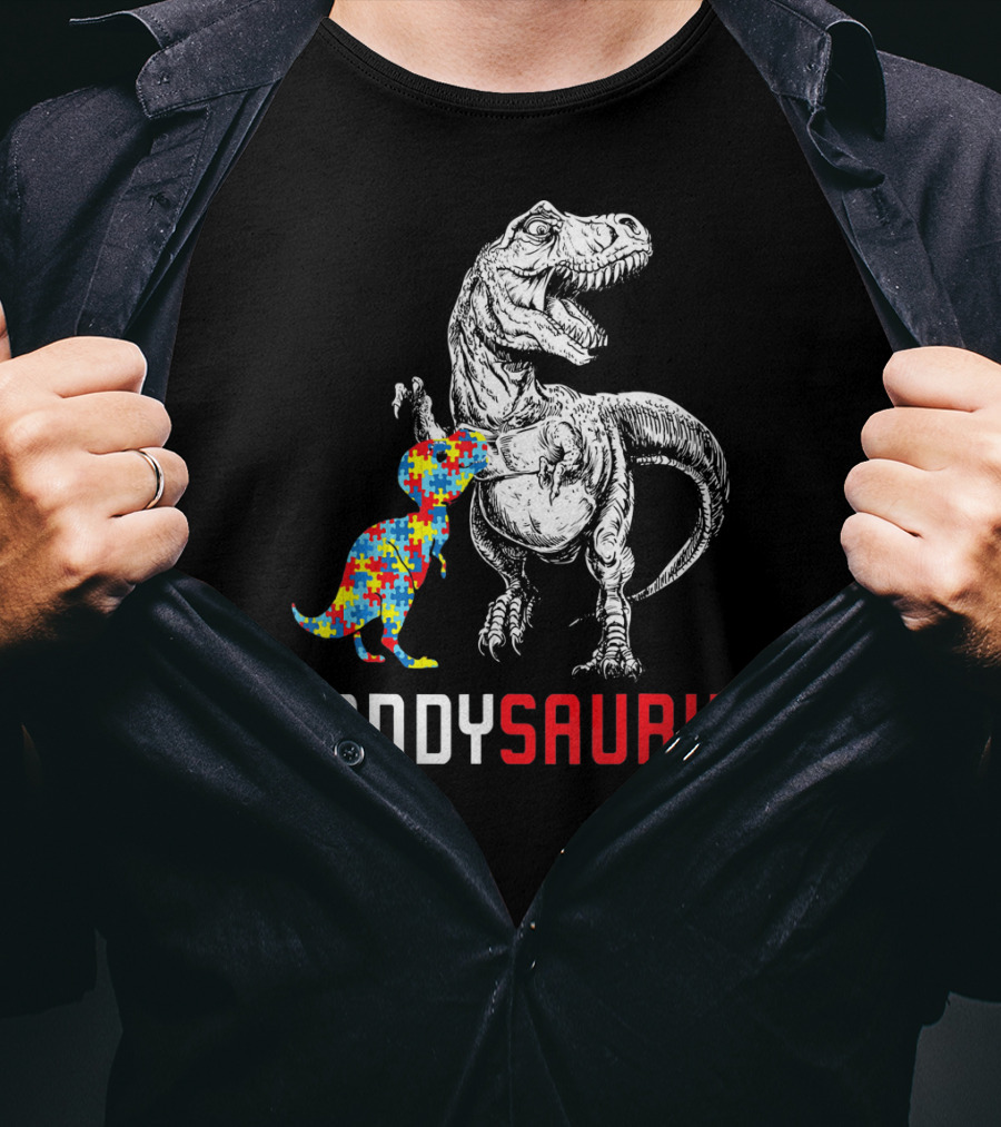 Daddysaurus Dinosaur With Colorful Puzzle Autism Awareness Dad T-Shirt