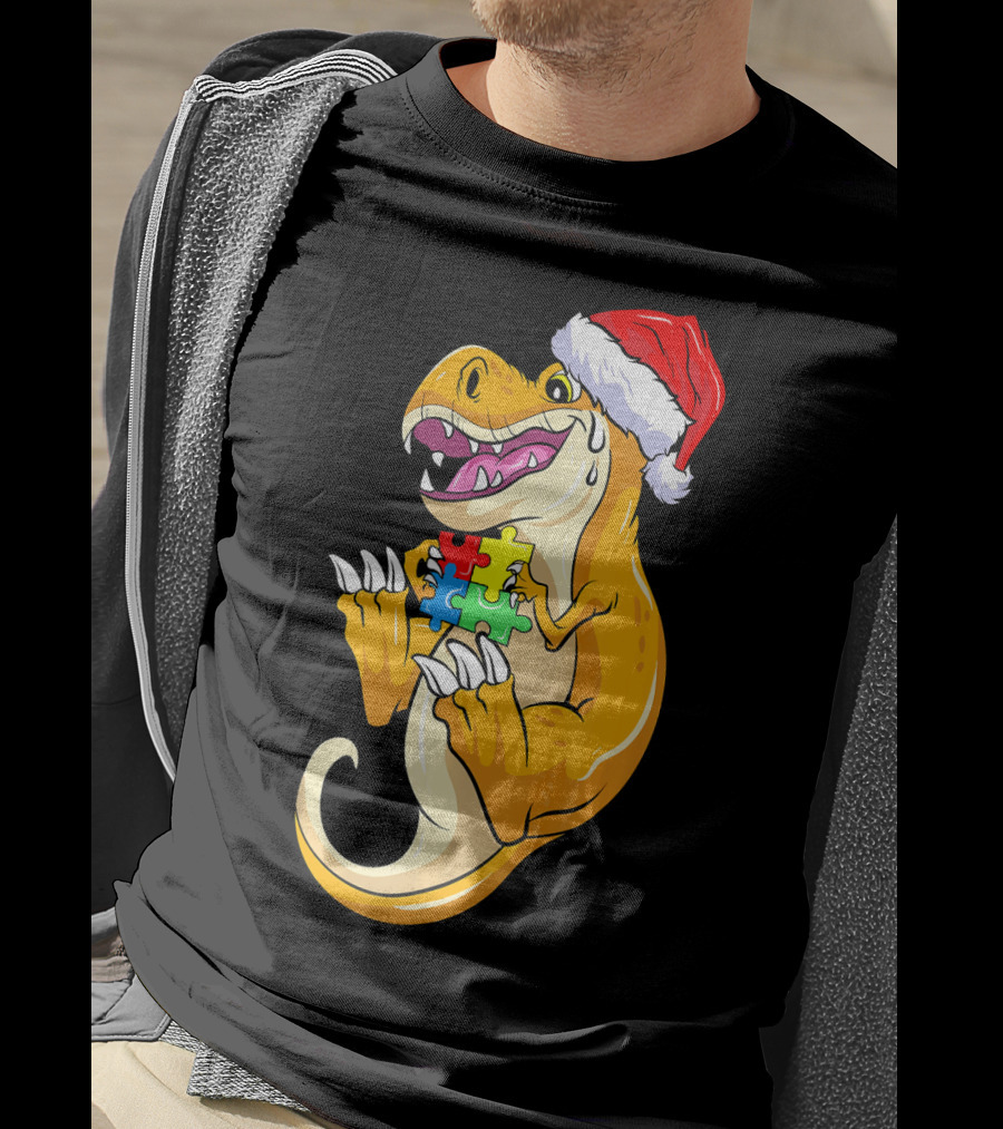 Christmas Autism Awareness Dinosaur Santa Hat Puzzle Pieces T-Shirt