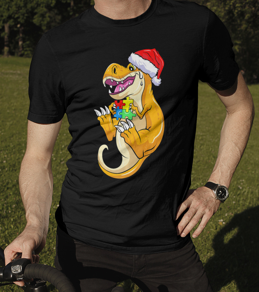 Christmas Autism Awareness Dinosaur Santa Hat Puzzle Pieces T-Shirt