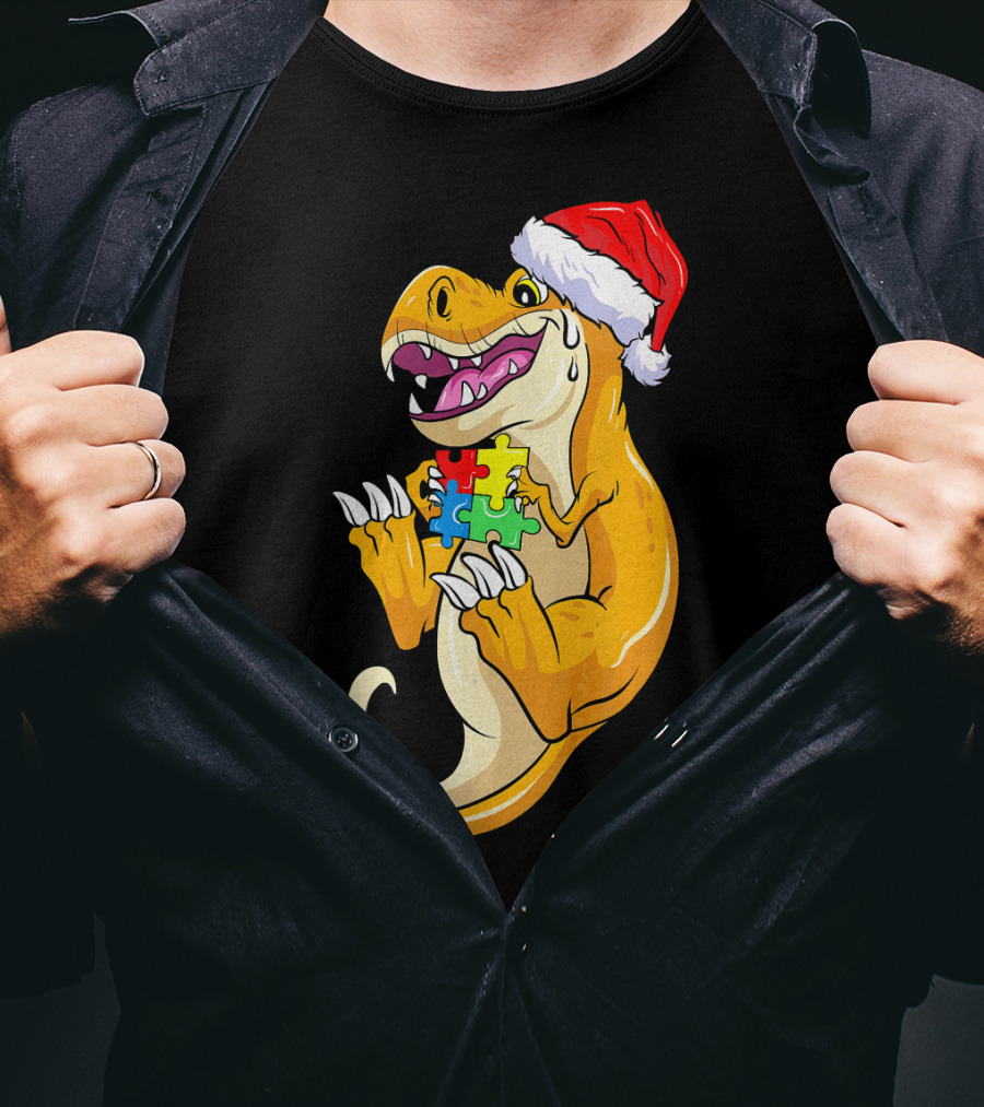 Christmas Autism Awareness Dinosaur Santa Hat Puzzle Pieces T-Shirt