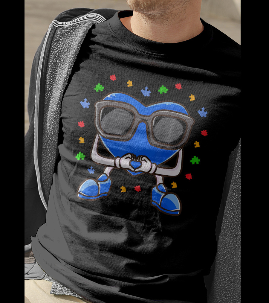 Autism Awareness Month Blue Heart Love Glasses Puzzle Pieces T-Shirt
