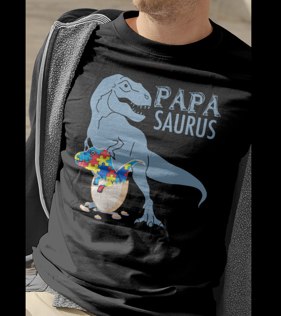 Papasaurus Autism Awareness Dinosaur Puzzle Pieces T-Shirt