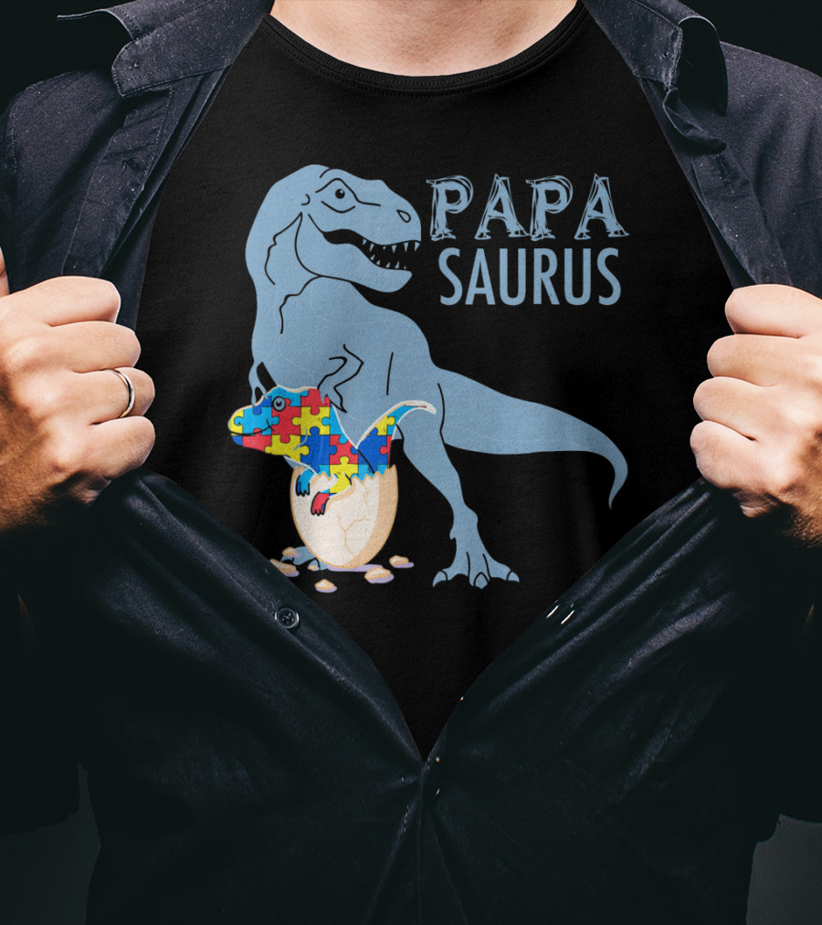 Papasaurus Autism Awareness Dinosaur Puzzle Pieces T-Shirt