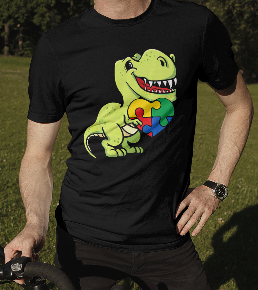 Autism Awareness Day Dinosaur T-Rex Holding Puzzle Heart T-Shirt
