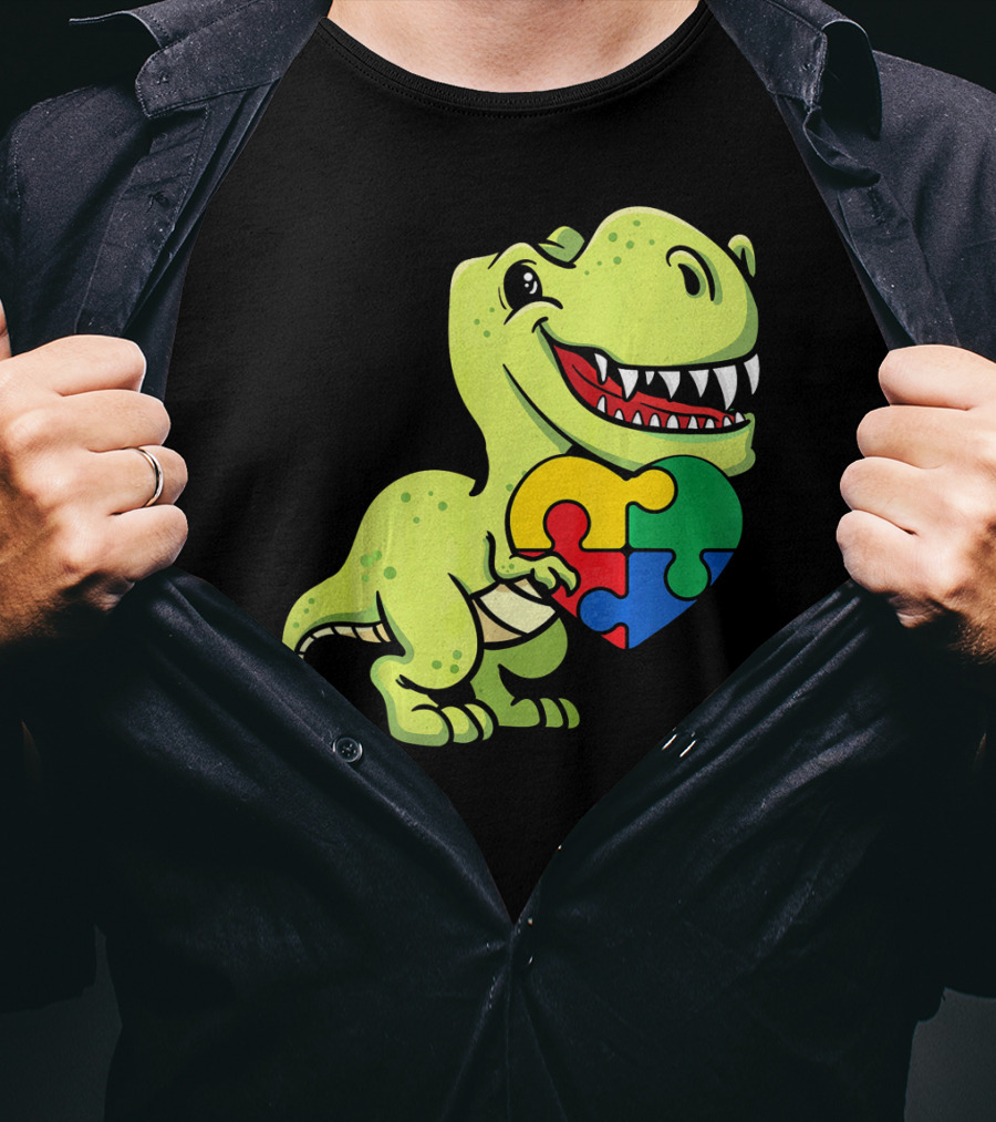 Autism Awareness Day Dinosaur T-Rex Holding Puzzle Heart T-Shirt