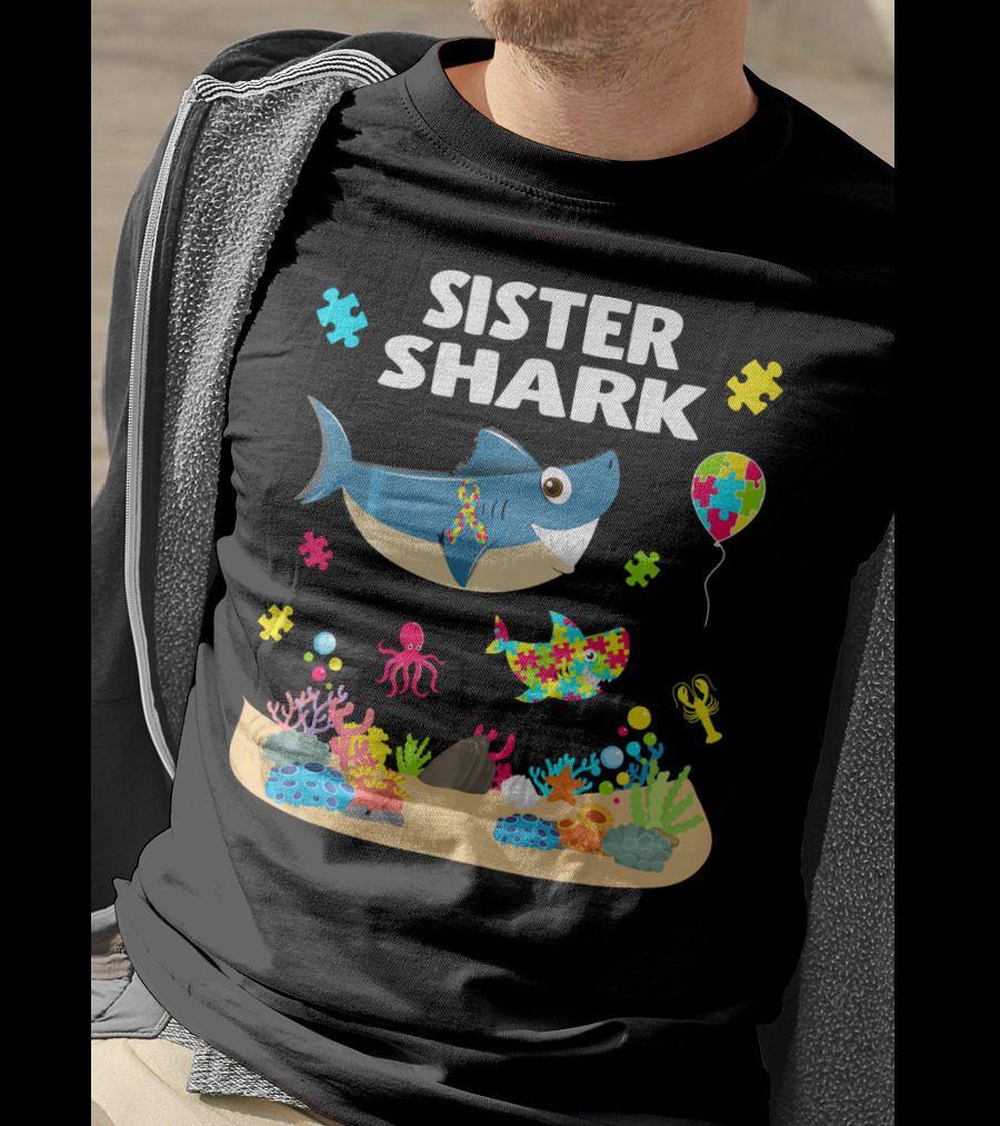 Sister Shark Autism Awareness Puzzle Pieces Ocean T-Shirt