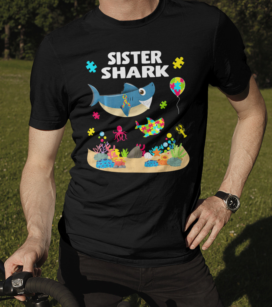 Sister Shark Autism Awareness Puzzle Pieces Ocean T-Shirt
