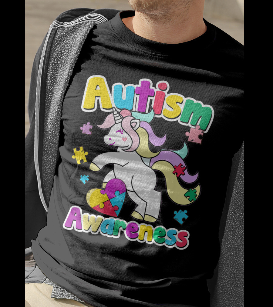 Autism Awareness Unicorn Puzzle Pieces Rainbow Heart T-Shirt