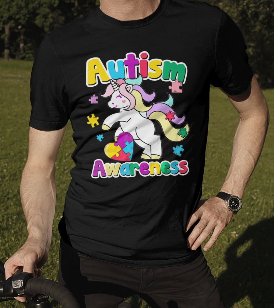 Autism Awareness Unicorn Puzzle Pieces Rainbow Heart T-Shirt