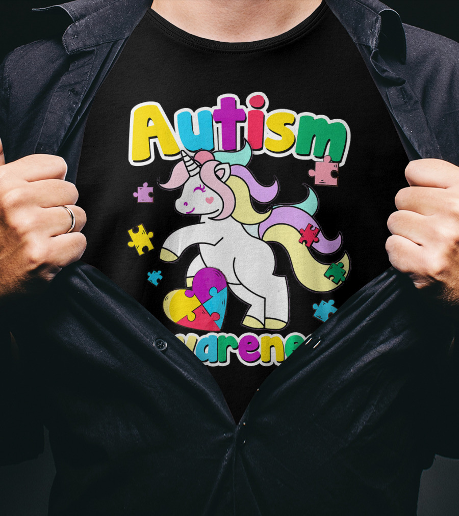 Autism Awareness Unicorn Puzzle Pieces Rainbow Heart T-Shirt