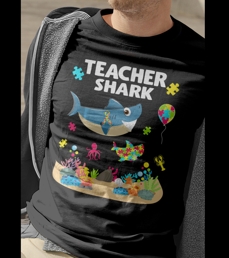 Teacher Shark Autism Awareness Ocean Puzzle Balloon Coral T-Shirt