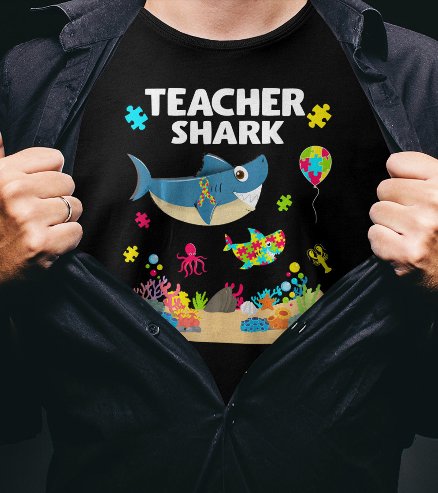 Teacher Shark Autism Awareness Ocean Puzzle Balloon Coral T-Shirt