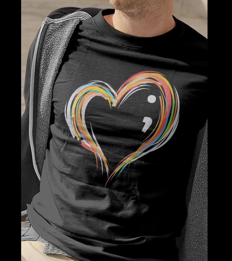 Heart Semicolon Rainbow Design For Mental Health Awareness T-Shirt