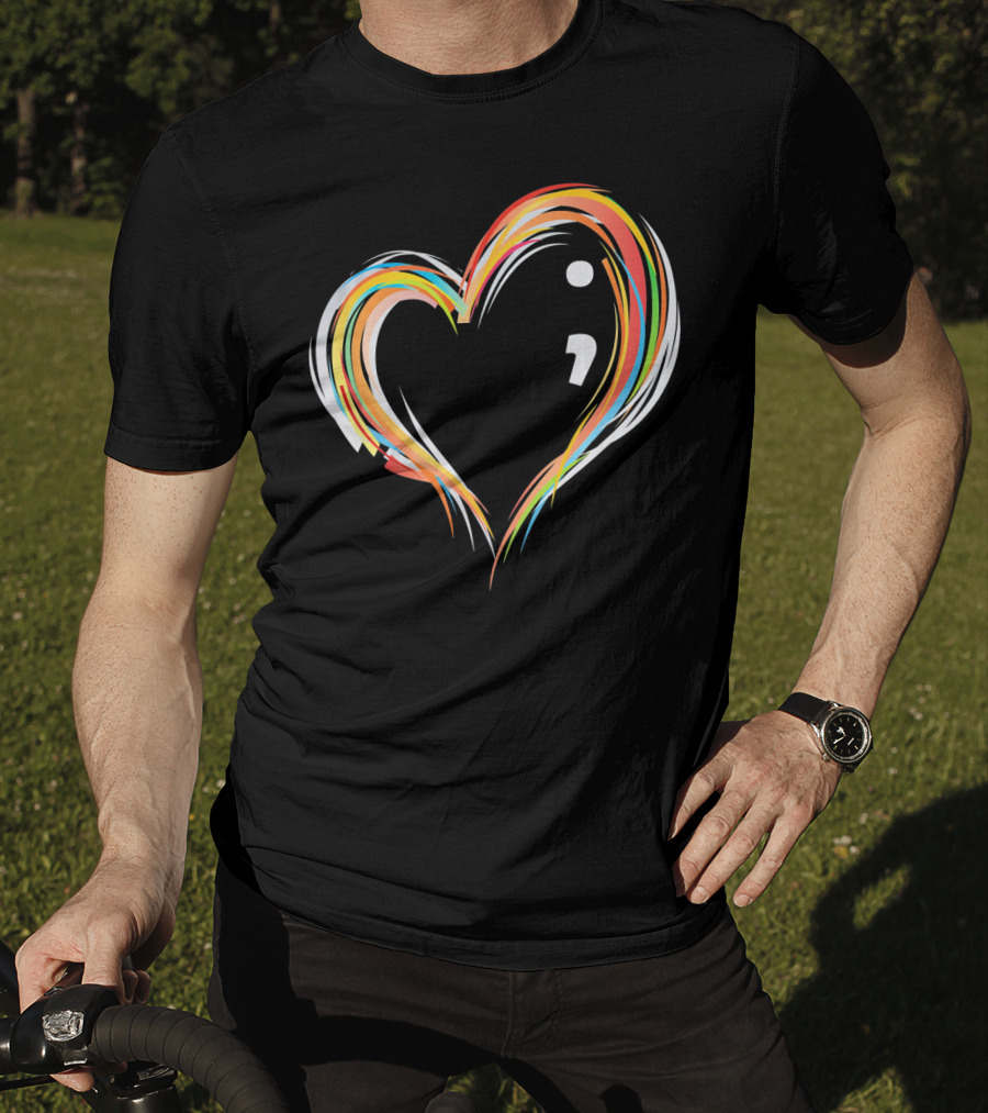 Heart Semicolon Rainbow Design For Mental Health Awareness T-Shirt
