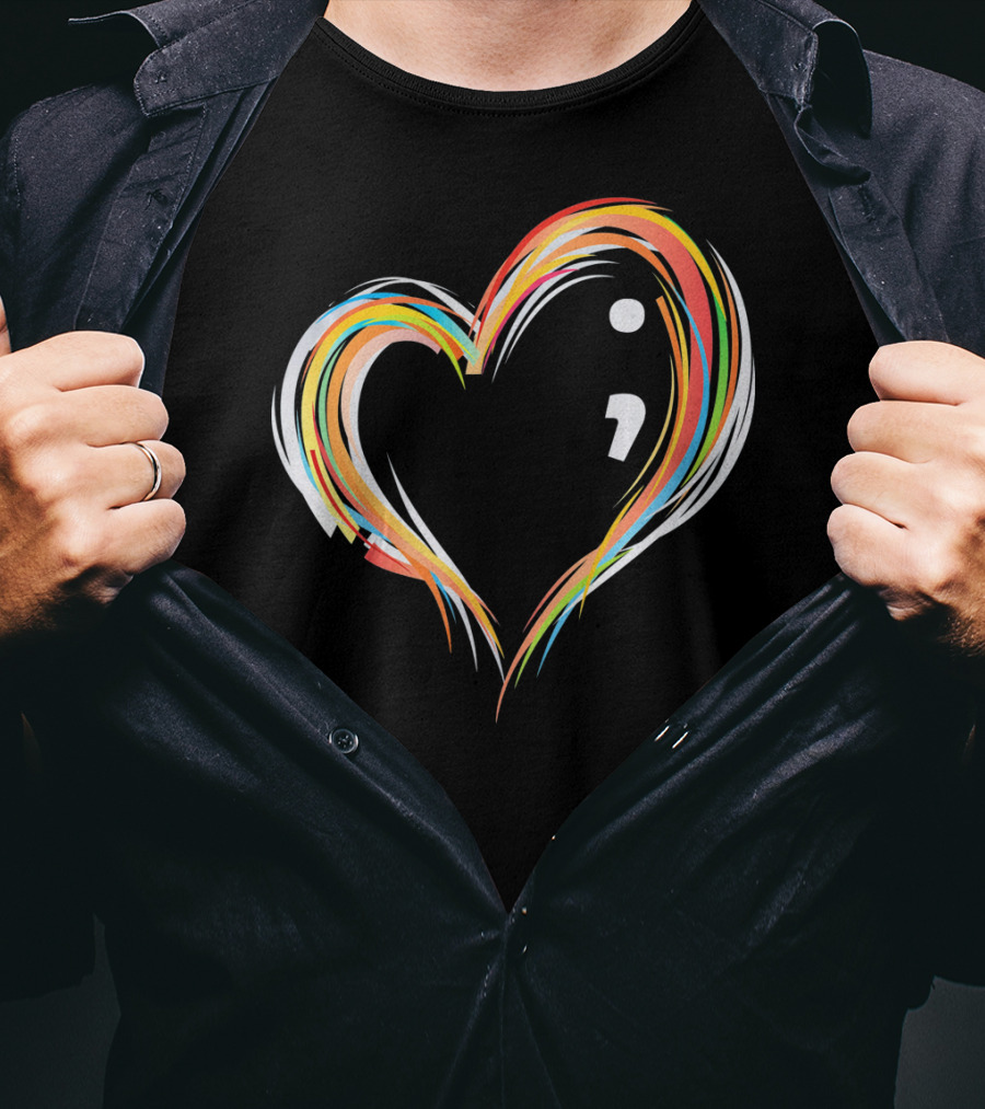 Heart Semicolon Rainbow Design For Mental Health Awareness T-Shirt