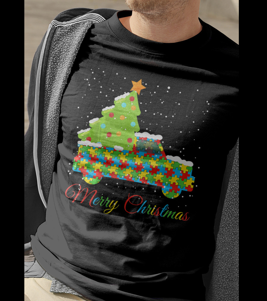 Merry Christmas Puzzle Truck Autism Awareness T-Shirt