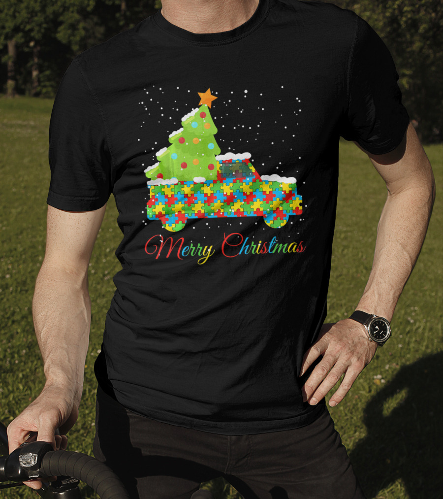 Merry Christmas Puzzle Truck Autism Awareness T-Shirt