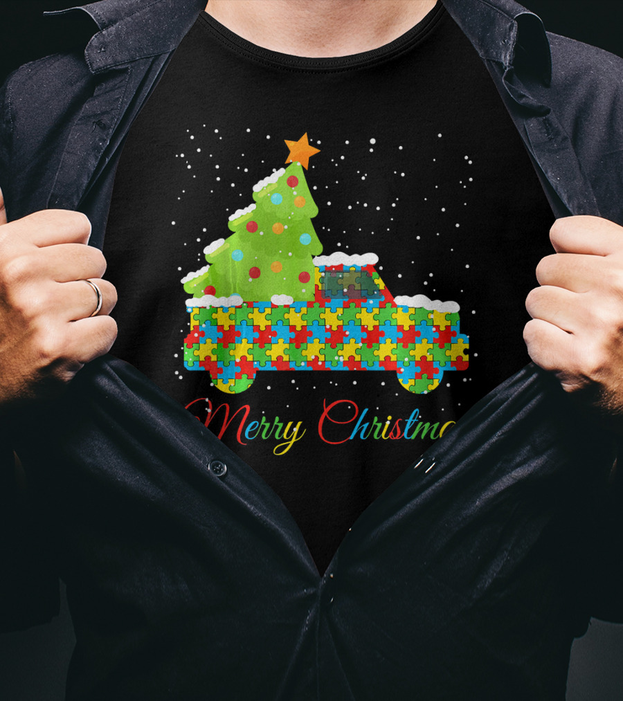 Merry Christmas Puzzle Truck Autism Awareness T-Shirt