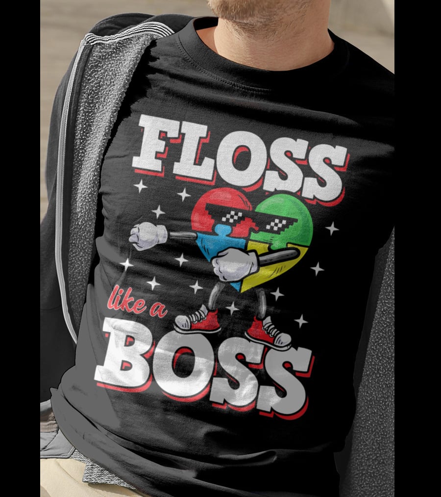 Floss Like A Boss Autism Awareness Heart With Cool Sunglasses T-Shirt