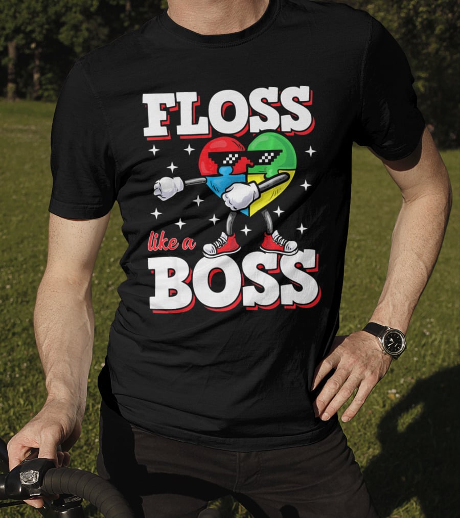 Floss Like A Boss Autism Awareness Heart With Cool Sunglasses T-Shirt