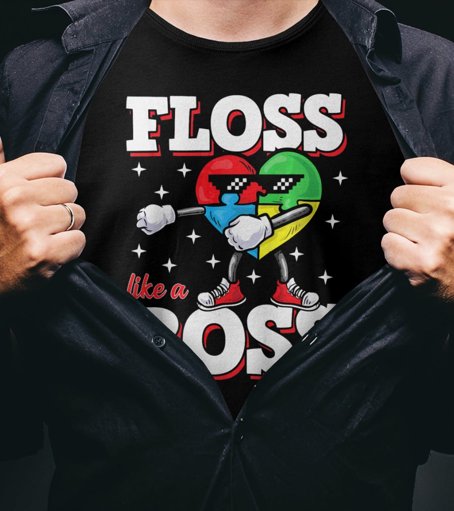 Floss Like A Boss Autism Awareness Heart With Cool Sunglasses T-Shirt