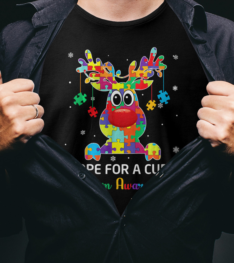 Hope For A Cure Autism Awareness Reindeer Puzzle Pieces Snowflakes T-Shirt