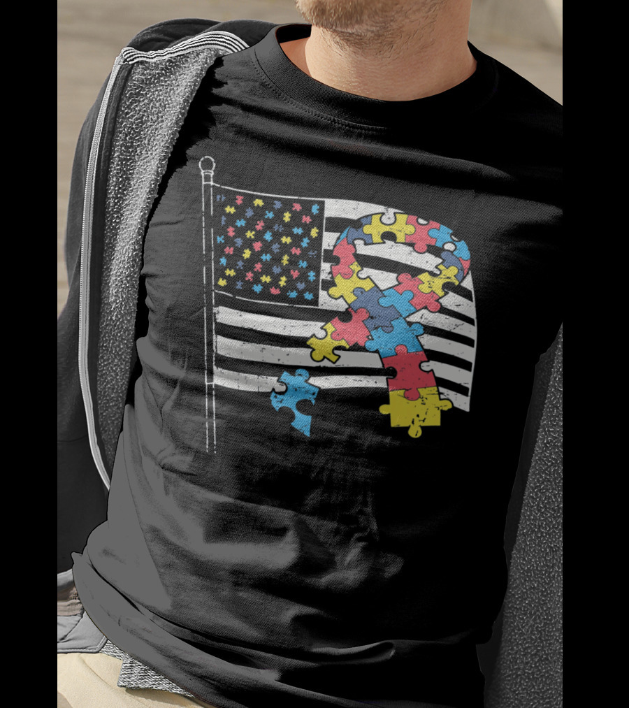 American Distressed Flag Puzzle Ribbon Autism Awareness T-Shirt