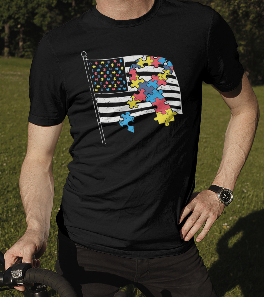 American Distressed Flag Puzzle Ribbon Autism Awareness T-Shirt