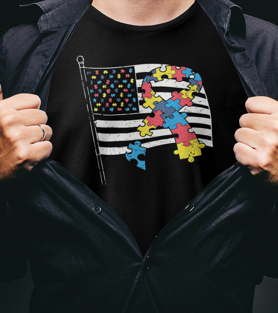 American Distressed Flag Puzzle Ribbon Autism Awareness T-Shirt
