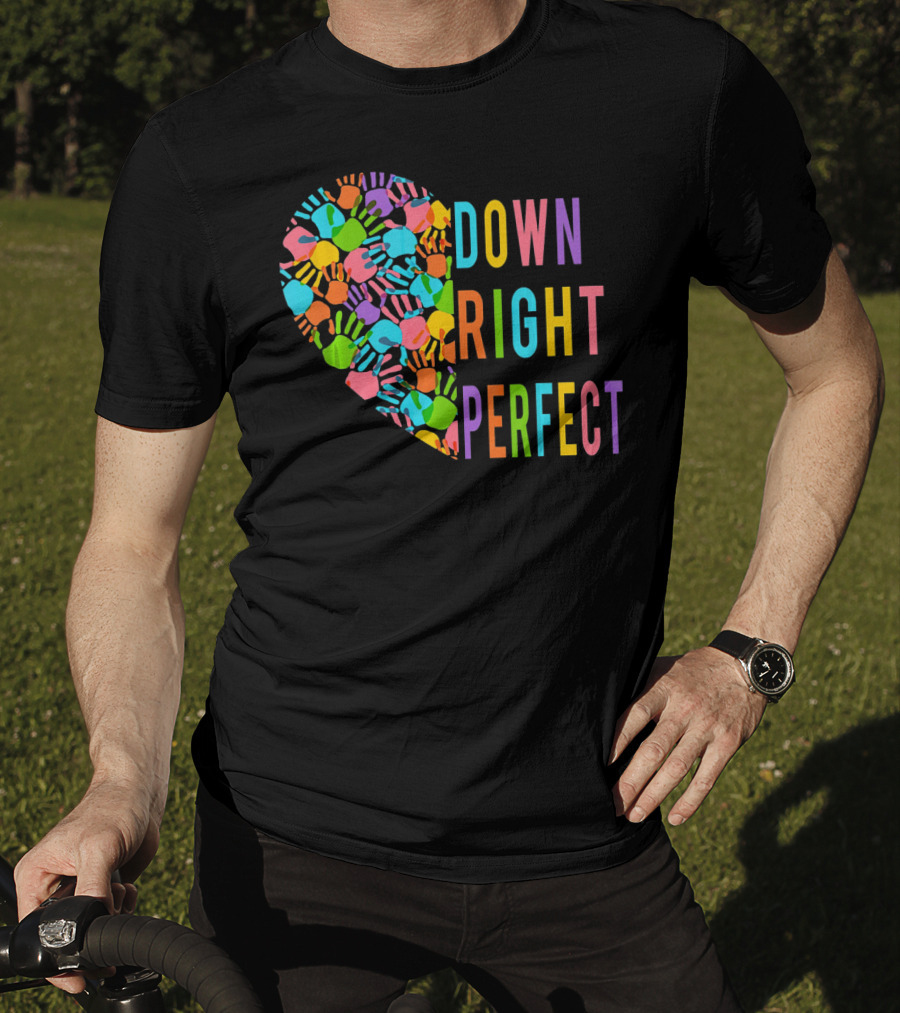 Down Syndrome Awareness Down Right Perfect Colorful Handprint Heart T-Shirt