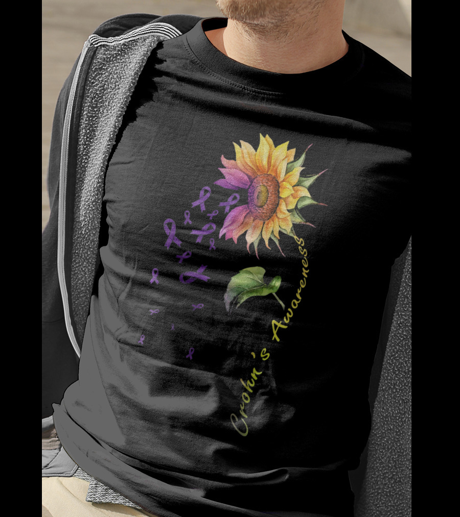 Crohn's Awareness Sunflower With Purple Ribbons T-Shirt