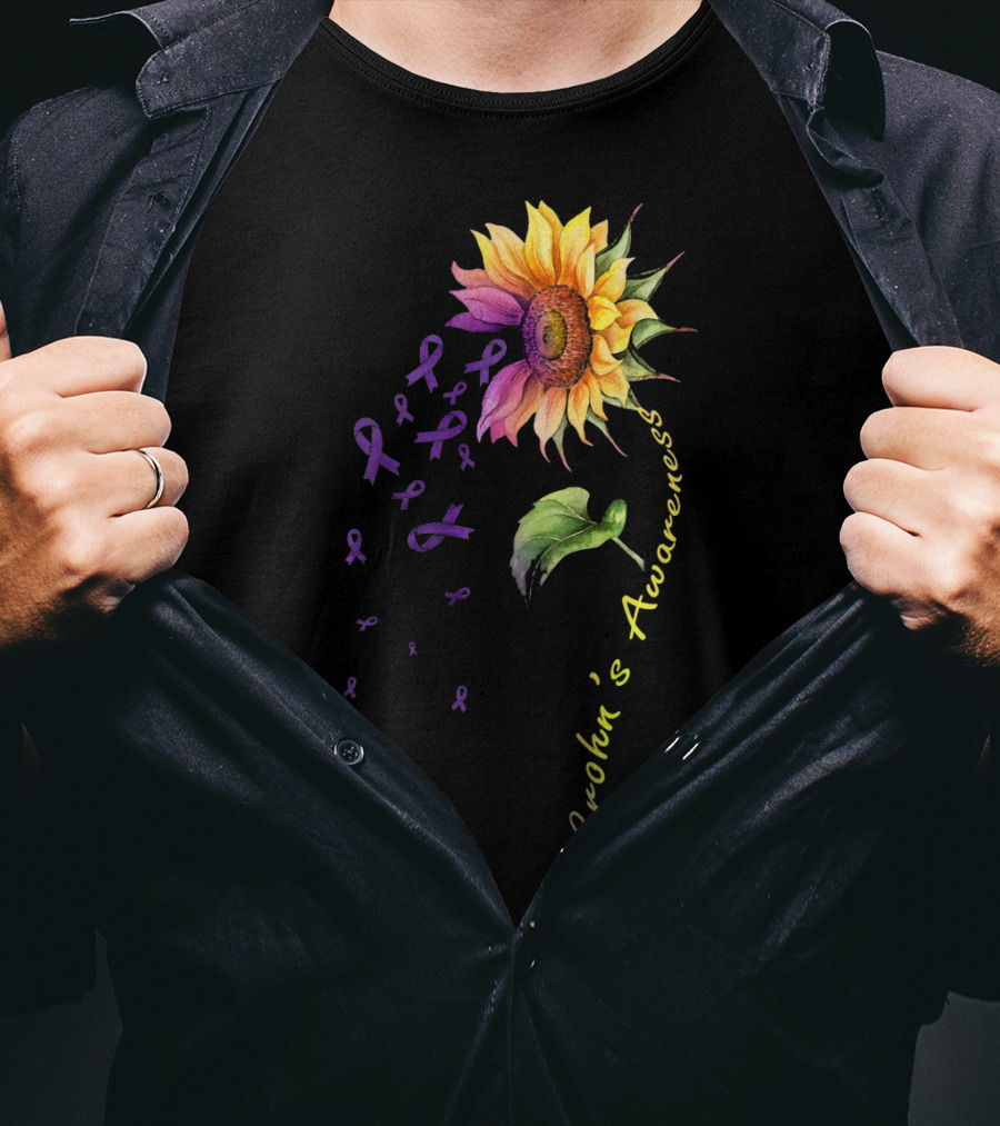 Crohn's Awareness Sunflower With Purple Ribbons T-Shirt