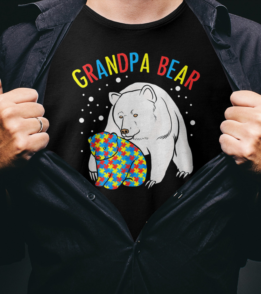 Grandpa Bear Mens Autism Awareness Puzzle Bear T-Shirt