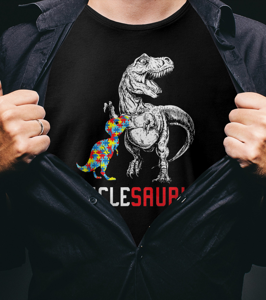 UNCLESAURUS Autism Awareness Dinosaur Puzzle T-Shirt