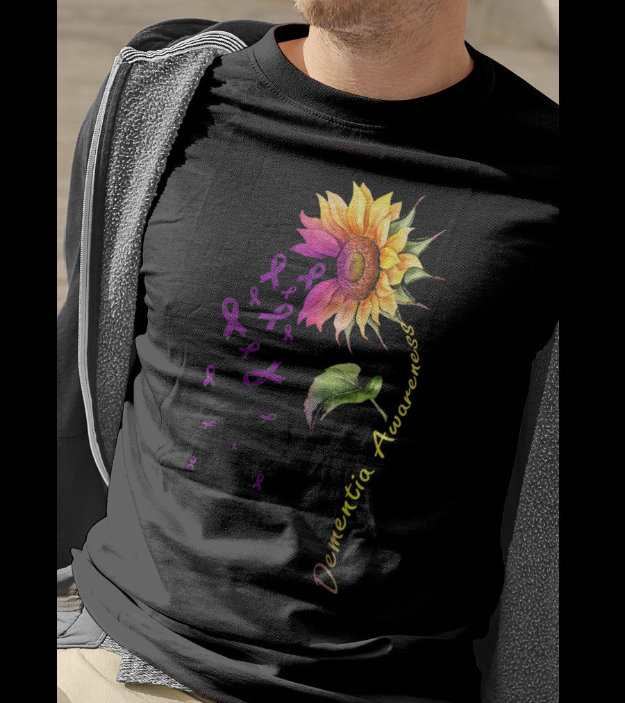 Dementia Awareness Sunflower With Purple Ribbons T-Shirt