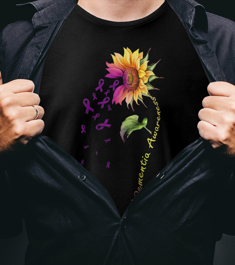 Dementia Awareness Sunflower With Purple Ribbons T-Shirt