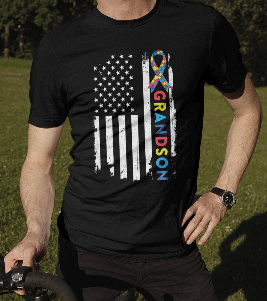 Autism Awareness American Flag Grandson Kids T-Shirt
