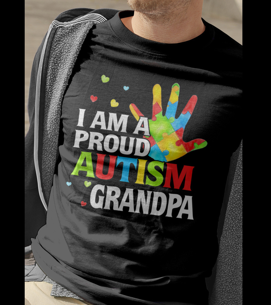I Am A Proud Autism Grandpa Colorful Puzzle Hand Heart Accents T-Shirt