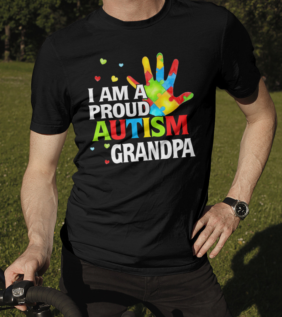 I Am A Proud Autism Grandpa Colorful Puzzle Hand Heart Accents T-Shirt
