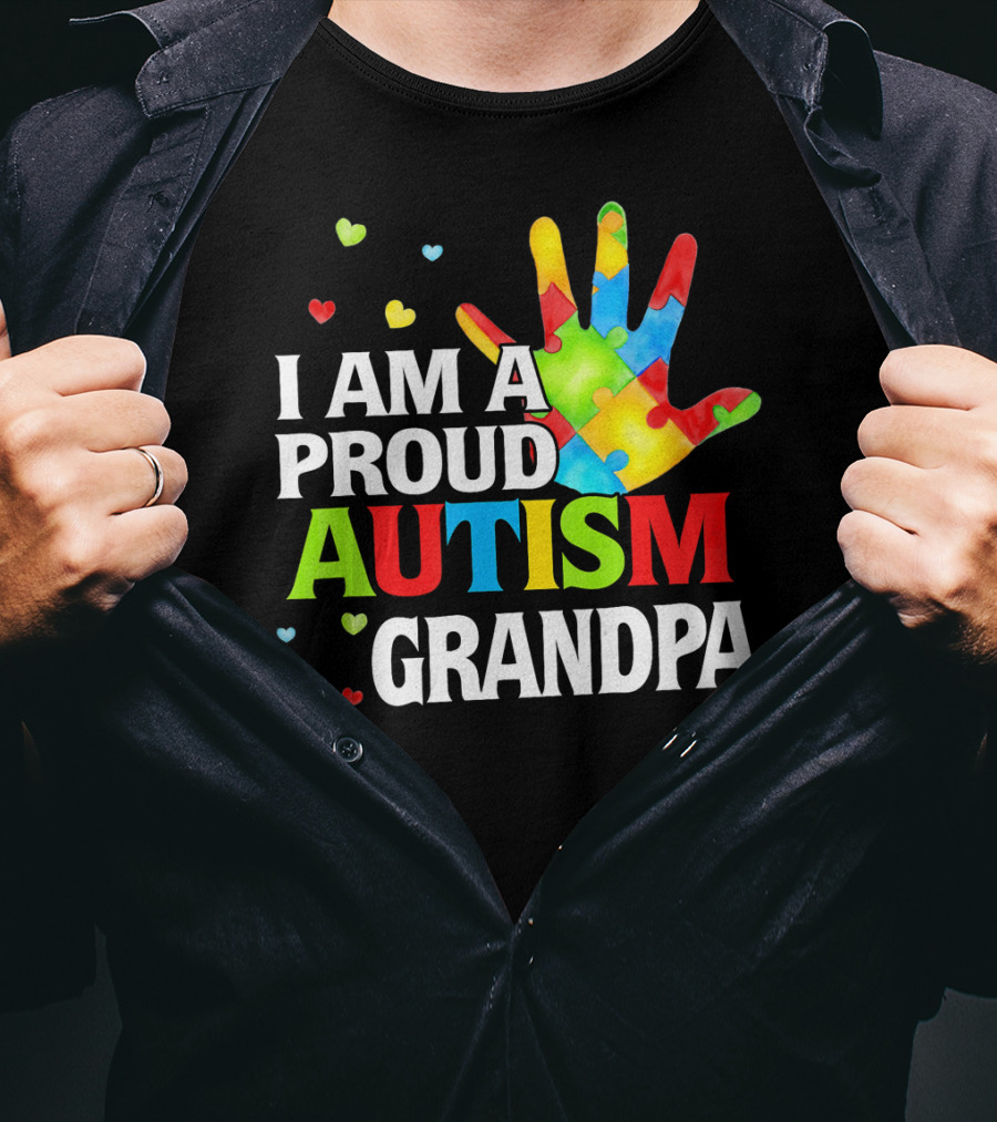 I Am A Proud Autism Grandpa Colorful Puzzle Hand Heart Accents T-Shirt