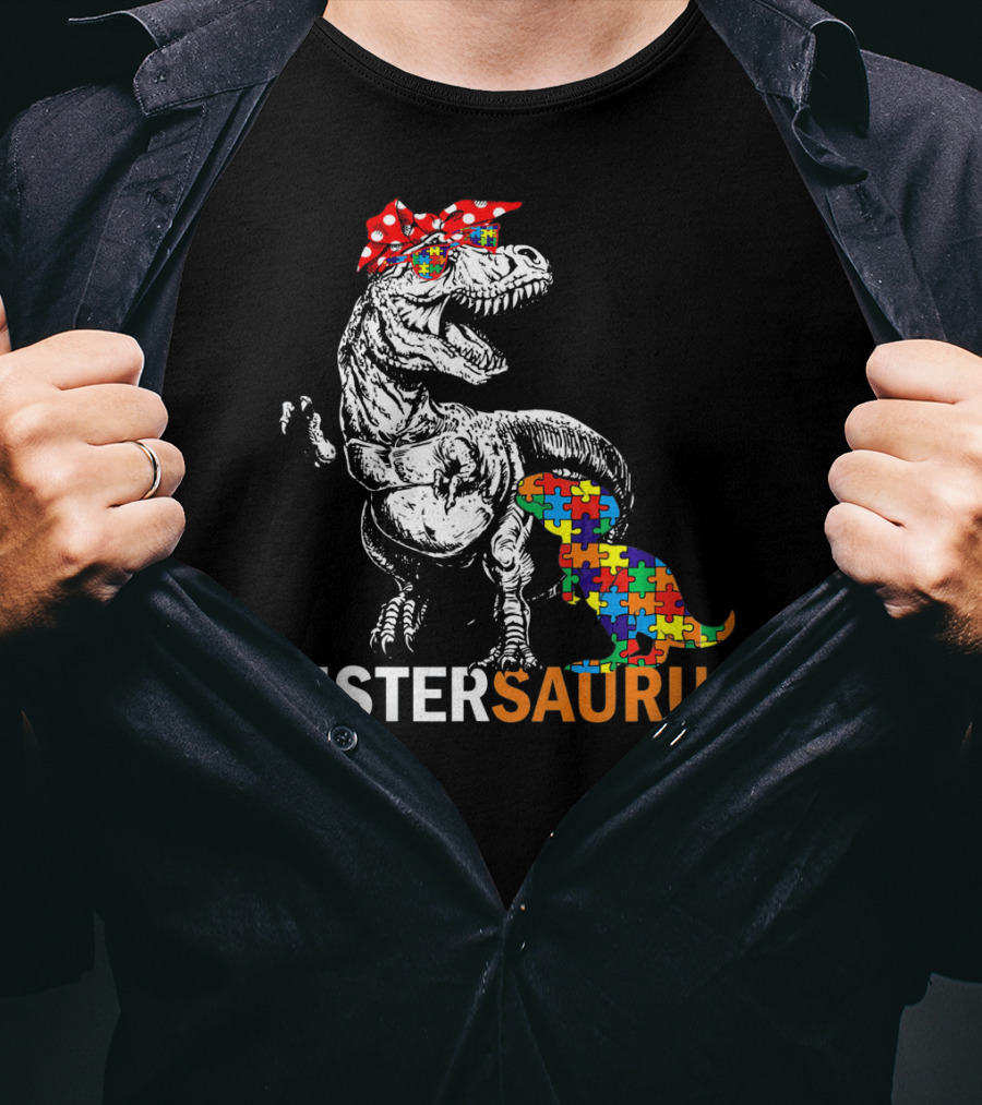 Sister Saurus Autism Awareness Dinosaur Puzzle Print T-Shirt