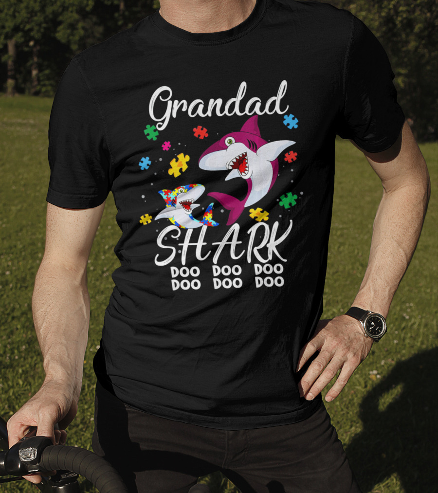 Grandad Shark Doo Doo Doo Doo Autism Awareness Puzzle Pieces T-Shirt