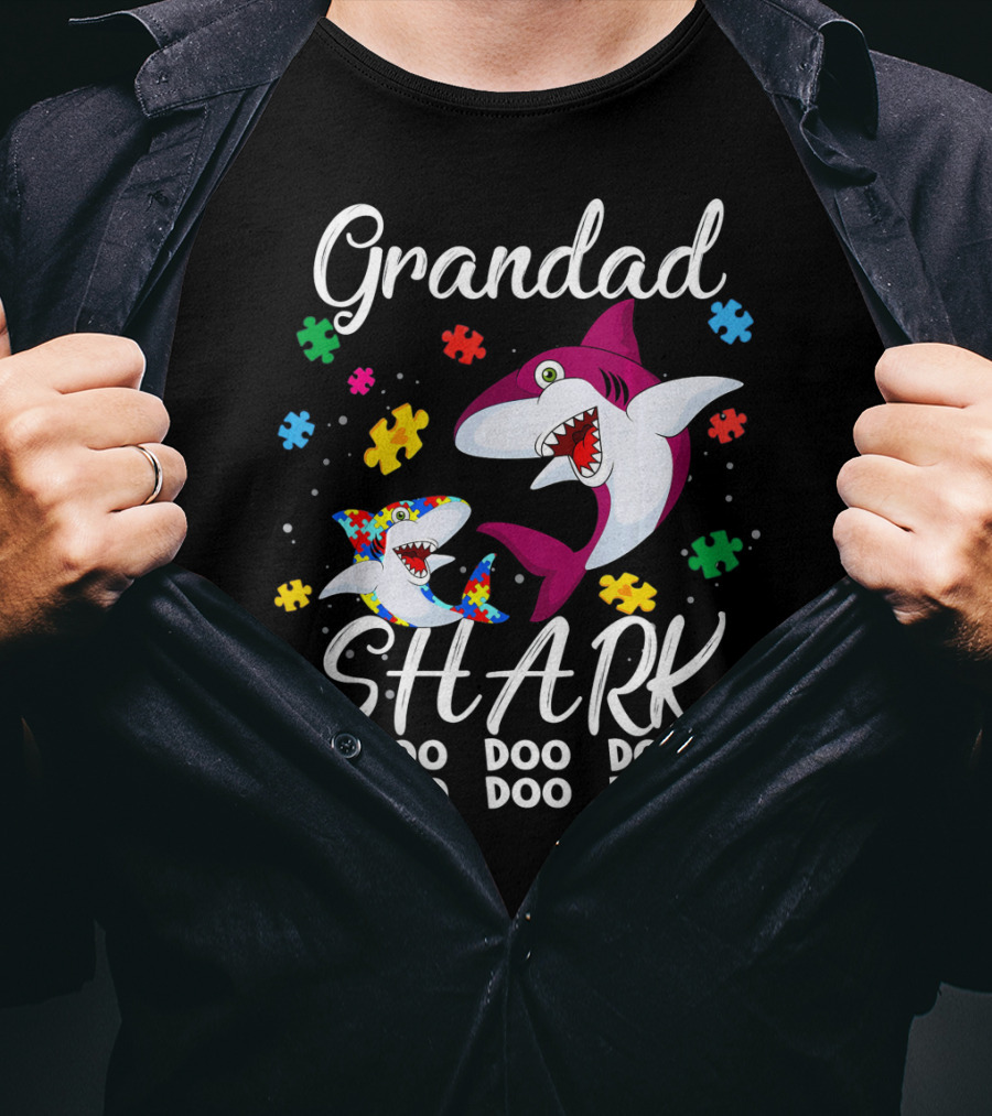 Grandad Shark Doo Doo Doo Doo Autism Awareness Puzzle Pieces T-Shirt