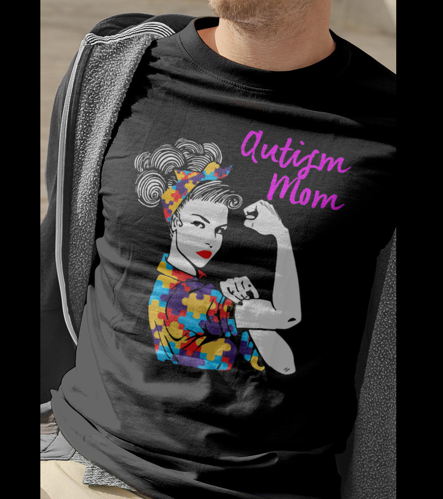 Autism Mom Awareness Iconic Rosie The Riveter Puzzle T-Shirt