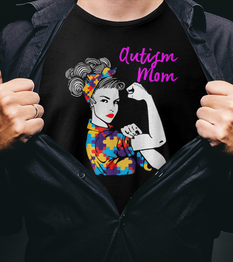 Autism Mom Awareness Iconic Rosie The Riveter Puzzle T-Shirt